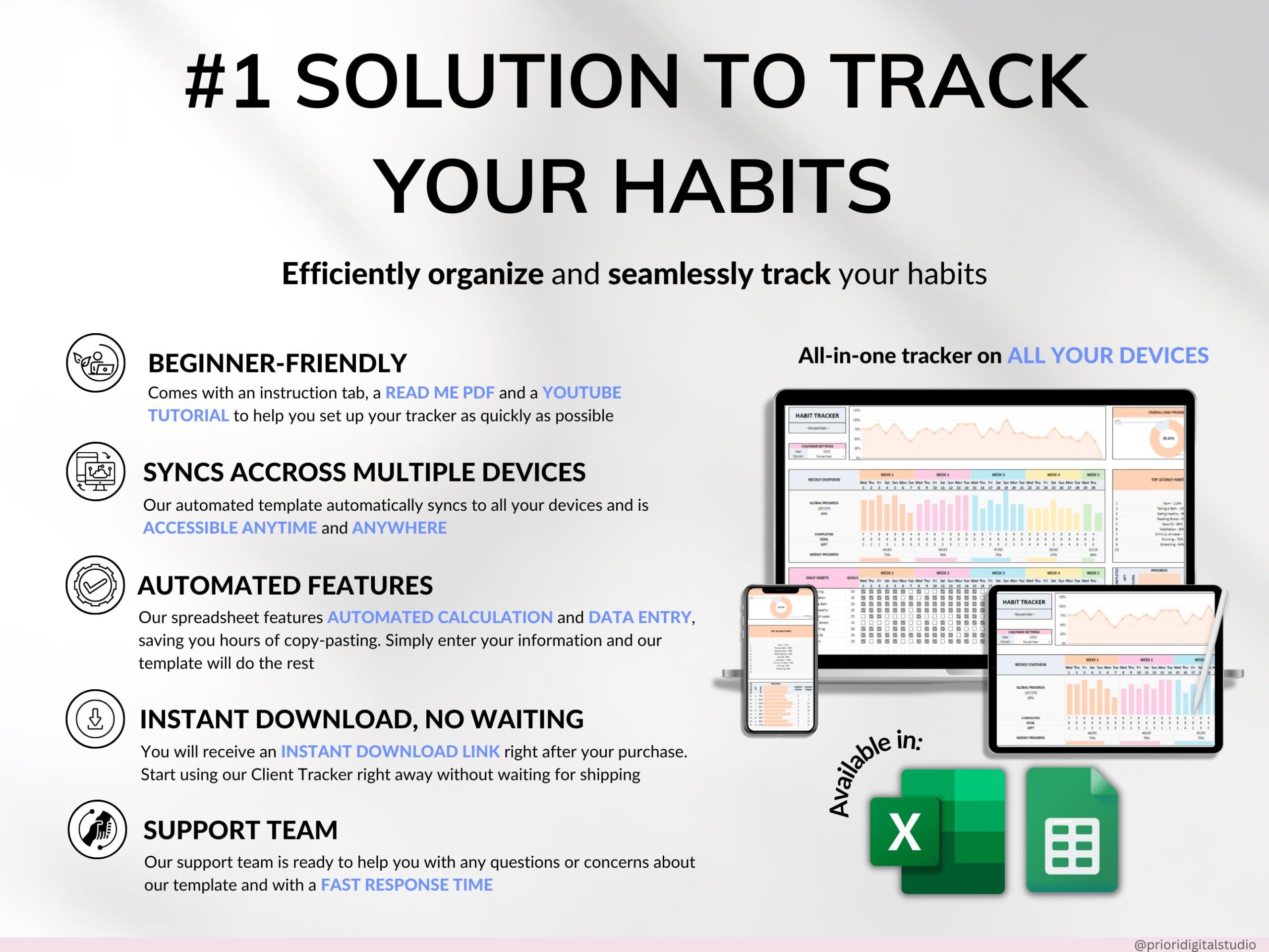 Habit Tracker Spreadsheet Google Sheets Excel Daily Habit Planner ...